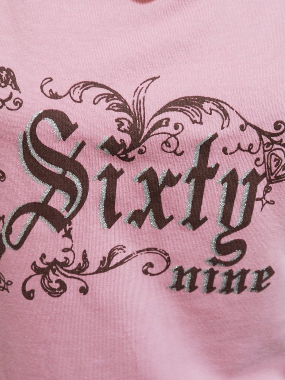 Y2K Baby Pink 69 Calligraphy Tee w/ Round Scoop Neck, Casual T Shirt, Script - Picture 3 of 7